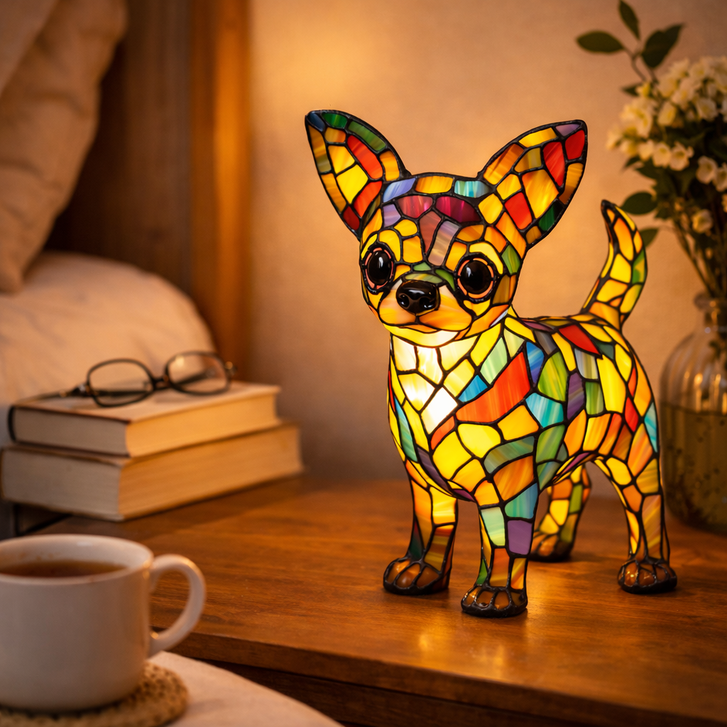 Lámpara de mesa decorativa de dormitorio con perro de vidrio emplomado tipo mosaico