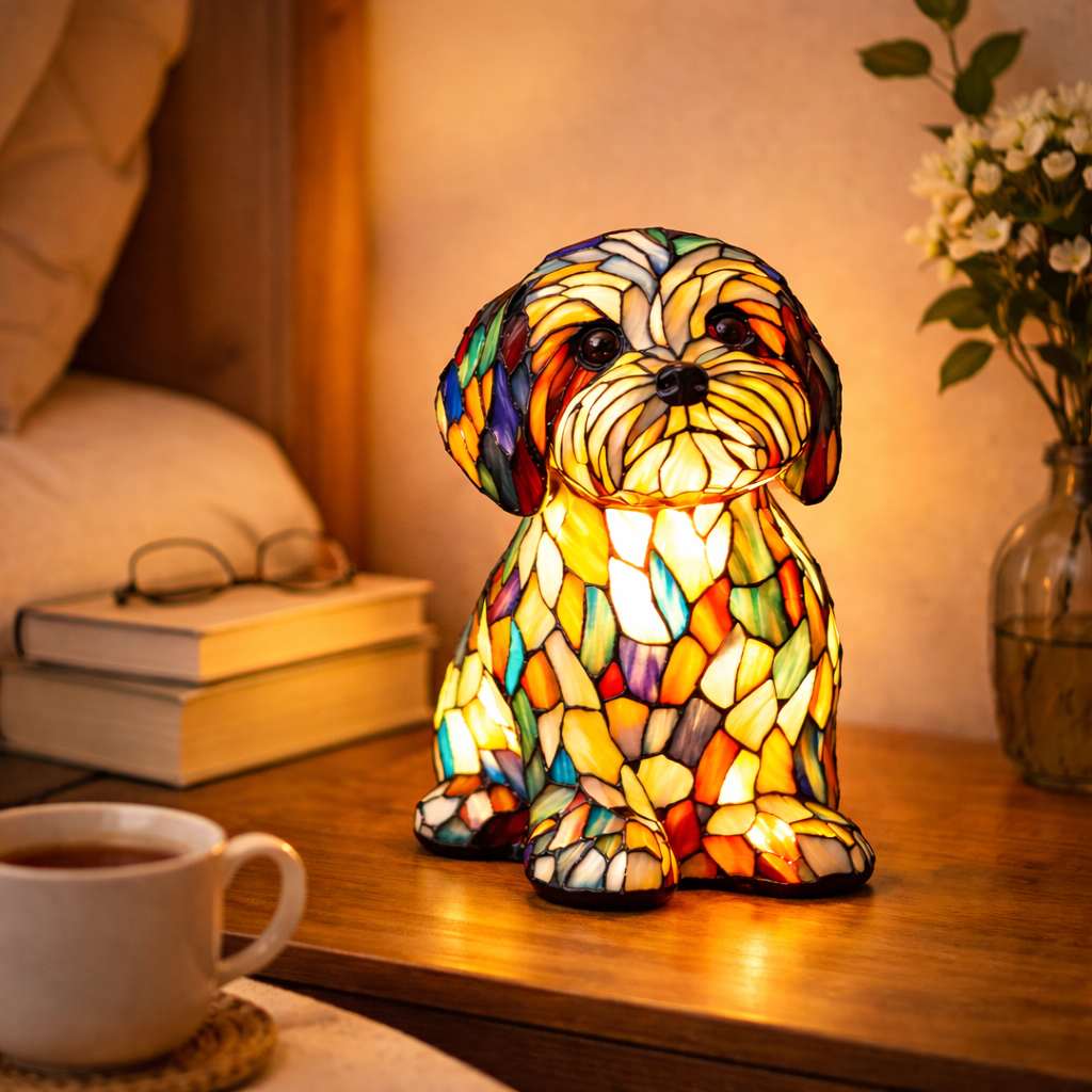 Lámpara de mesa decorativa de dormitorio con perro de vidrio emplomado tipo mosaico