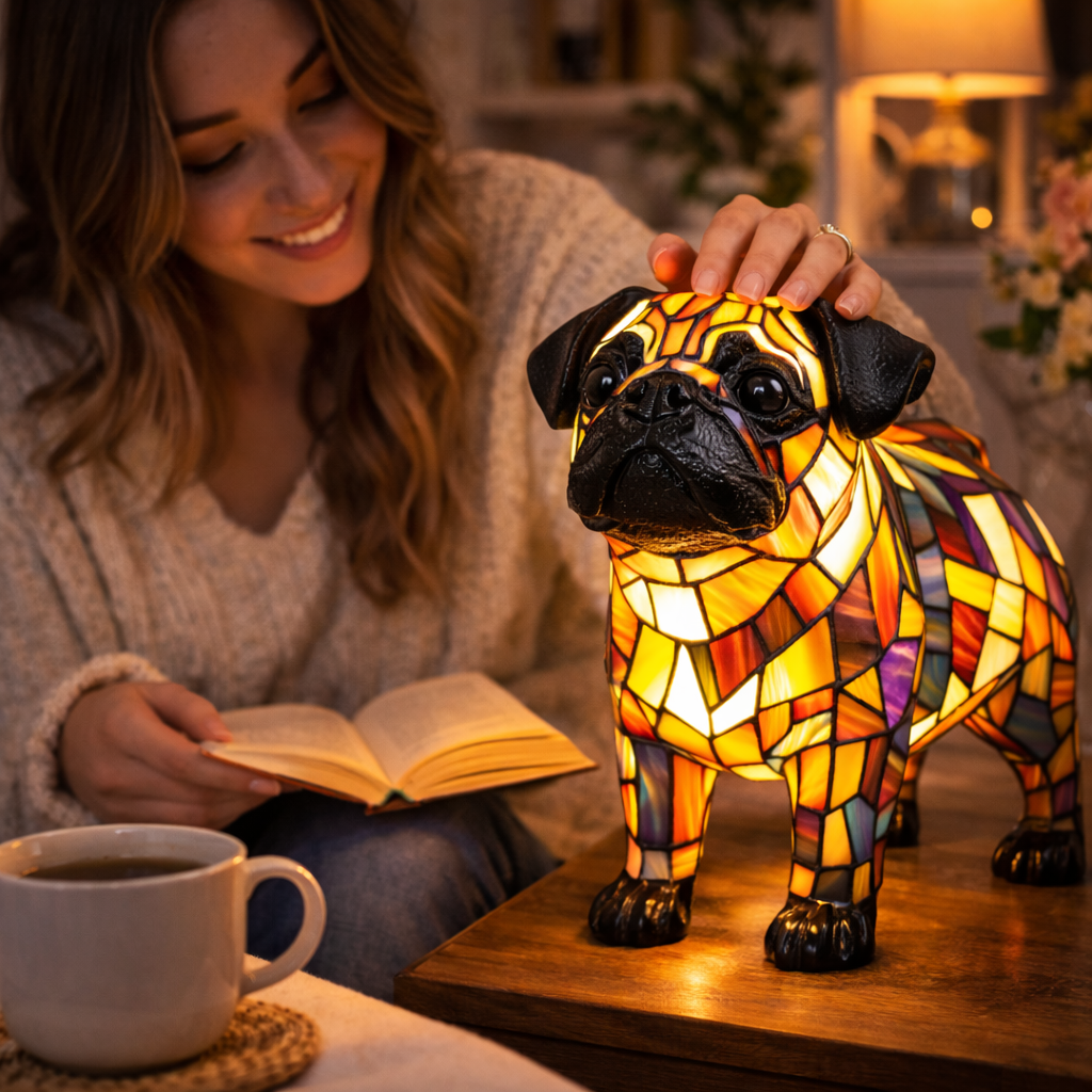 Lámpara de mesa decorativa de dormitorio con perro de vidrio emplomado tipo mosaico