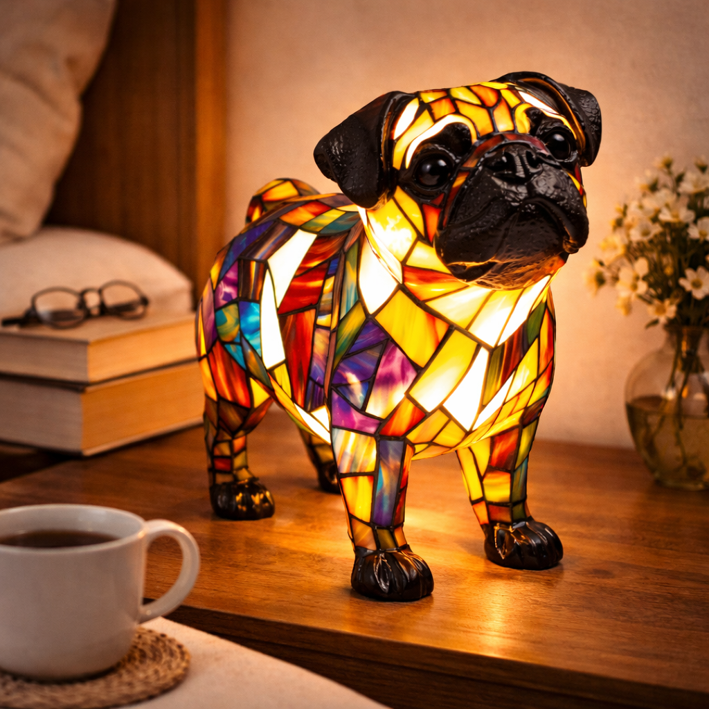 Lámpara de mesa decorativa de dormitorio con perro de vidrio emplomado tipo mosaico