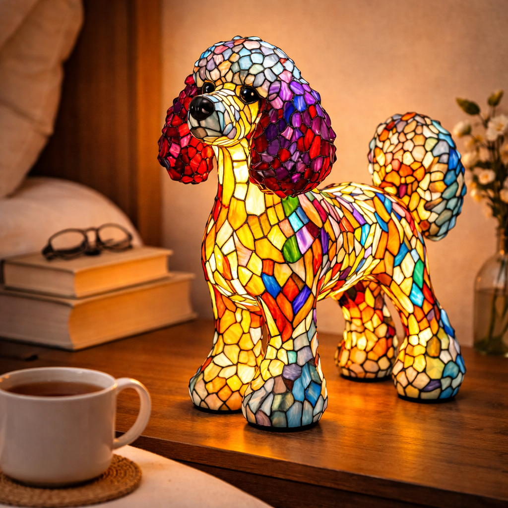Lámpara de mesa decorativa de dormitorio con perro de vidrio emplomado tipo mosaico