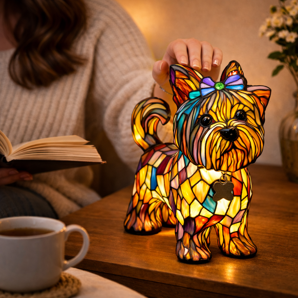 Lámpara de mesa decorativa de dormitorio con perro de vidrio emplomado tipo mosaico