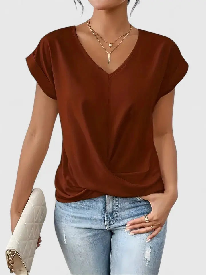 Top casual para mujer con escote en V, mangas cortas y detalle delantero retorcido