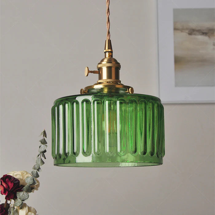 Lámpara colgante vintage de cristal y vidrio cilíndrico con altura ajustable