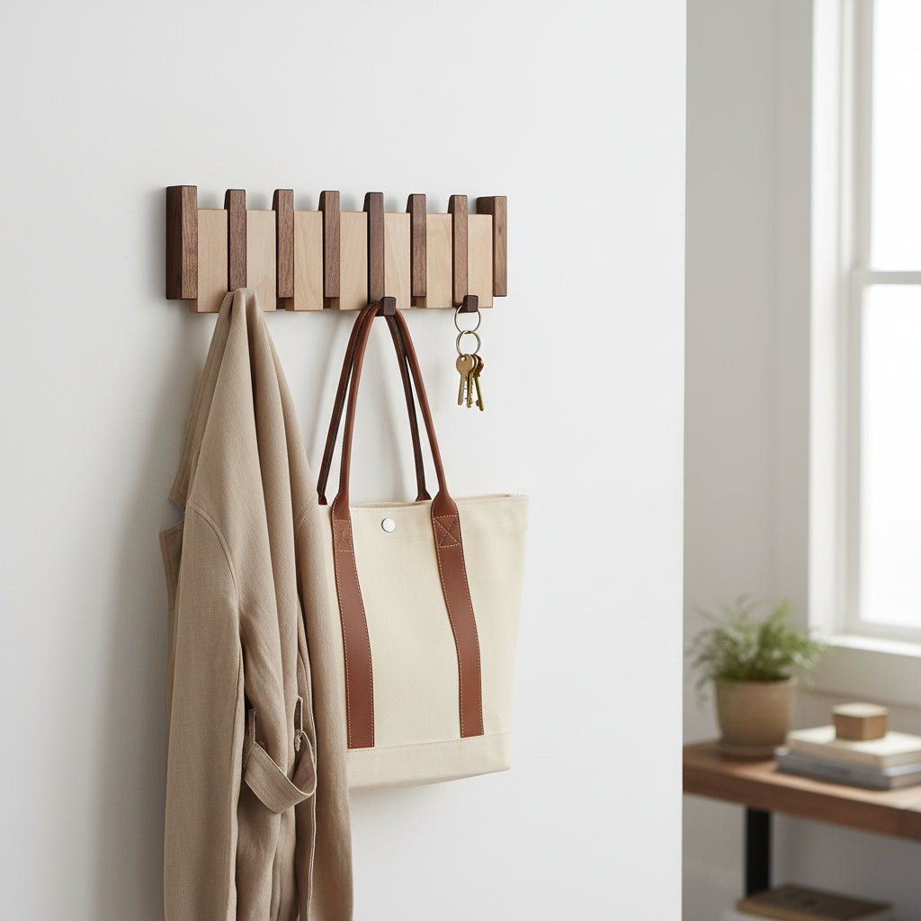 Perchero de pared plegable de madera con ganchos