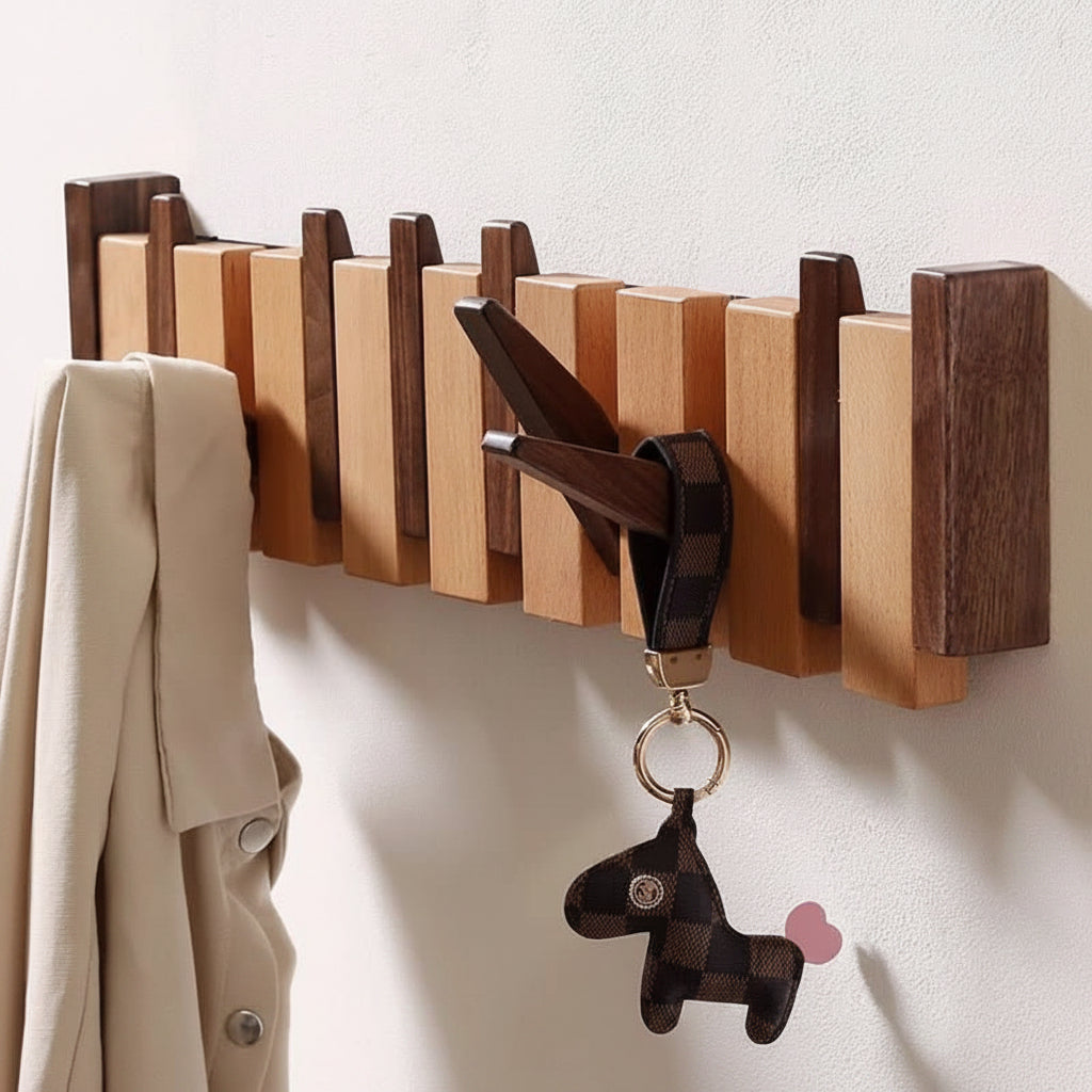 Perchero de pared plegable de madera con ganchos
