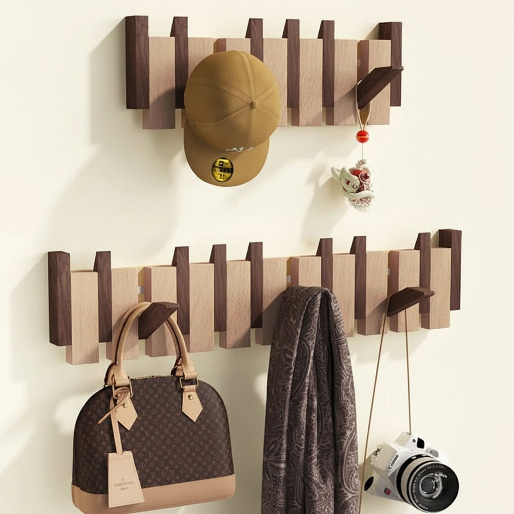 Perchero de pared plegable de madera con ganchos