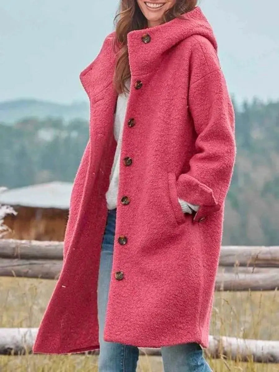 Abrigo largo informal de forro polar para mujer con capucha y botones delanteros