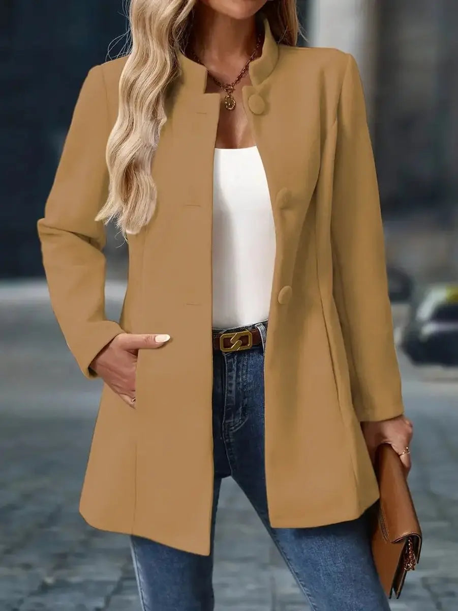 Abrigo tipo blazer largo para mujer con cuello mao y botones delanteros