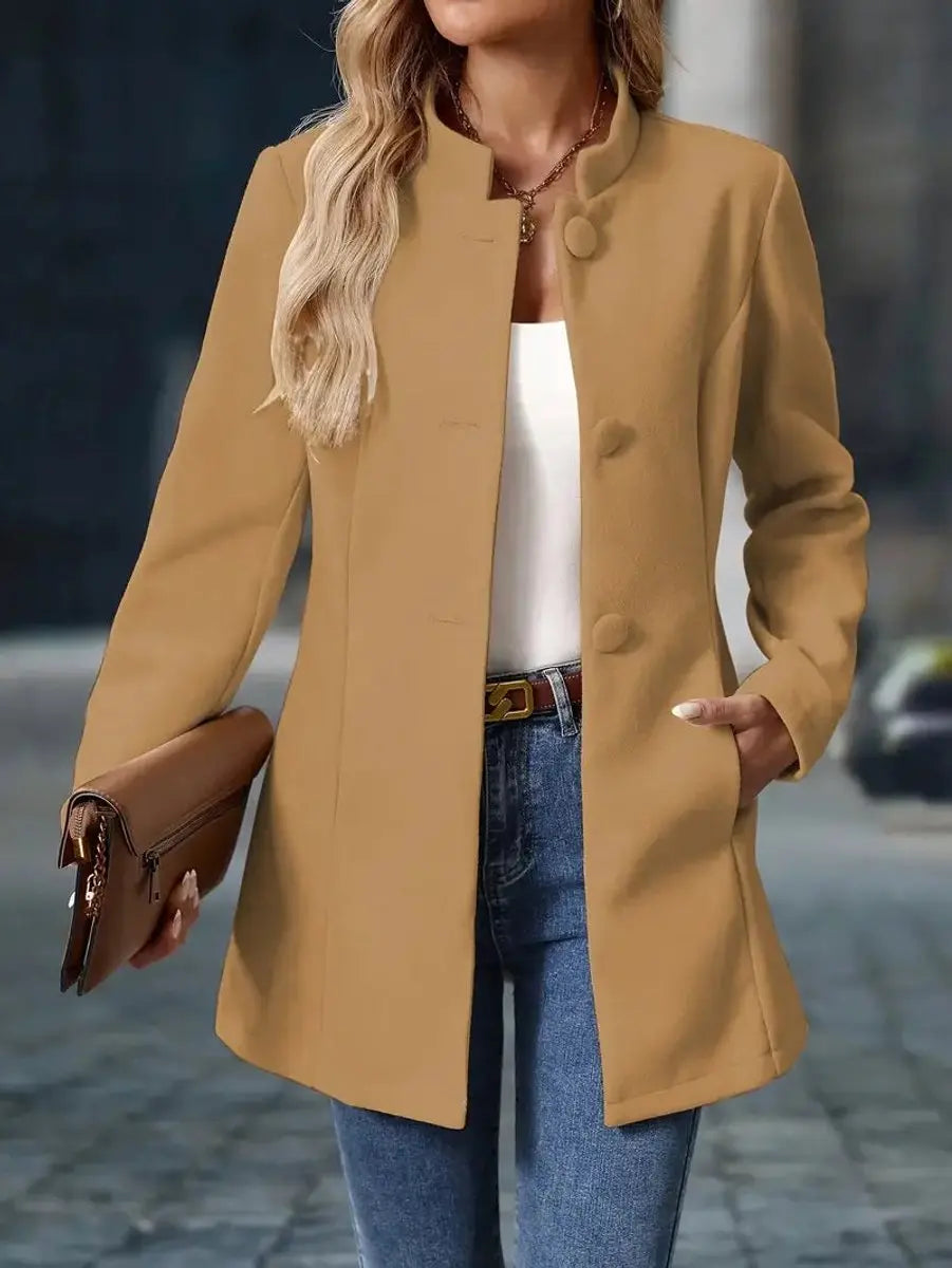 Abrigo tipo blazer largo para mujer con cuello mao y botones delanteros