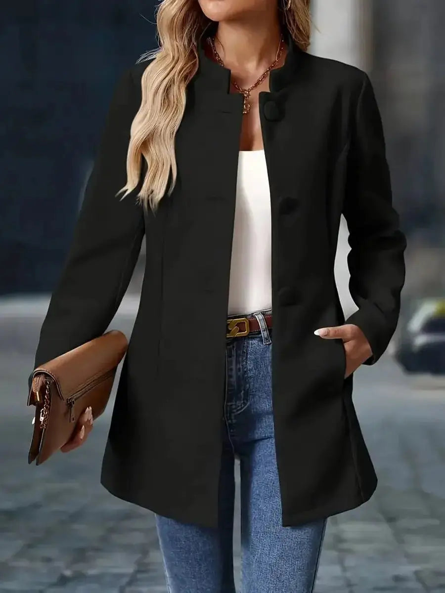 Abrigo tipo blazer largo para mujer con cuello mao y botones delanteros