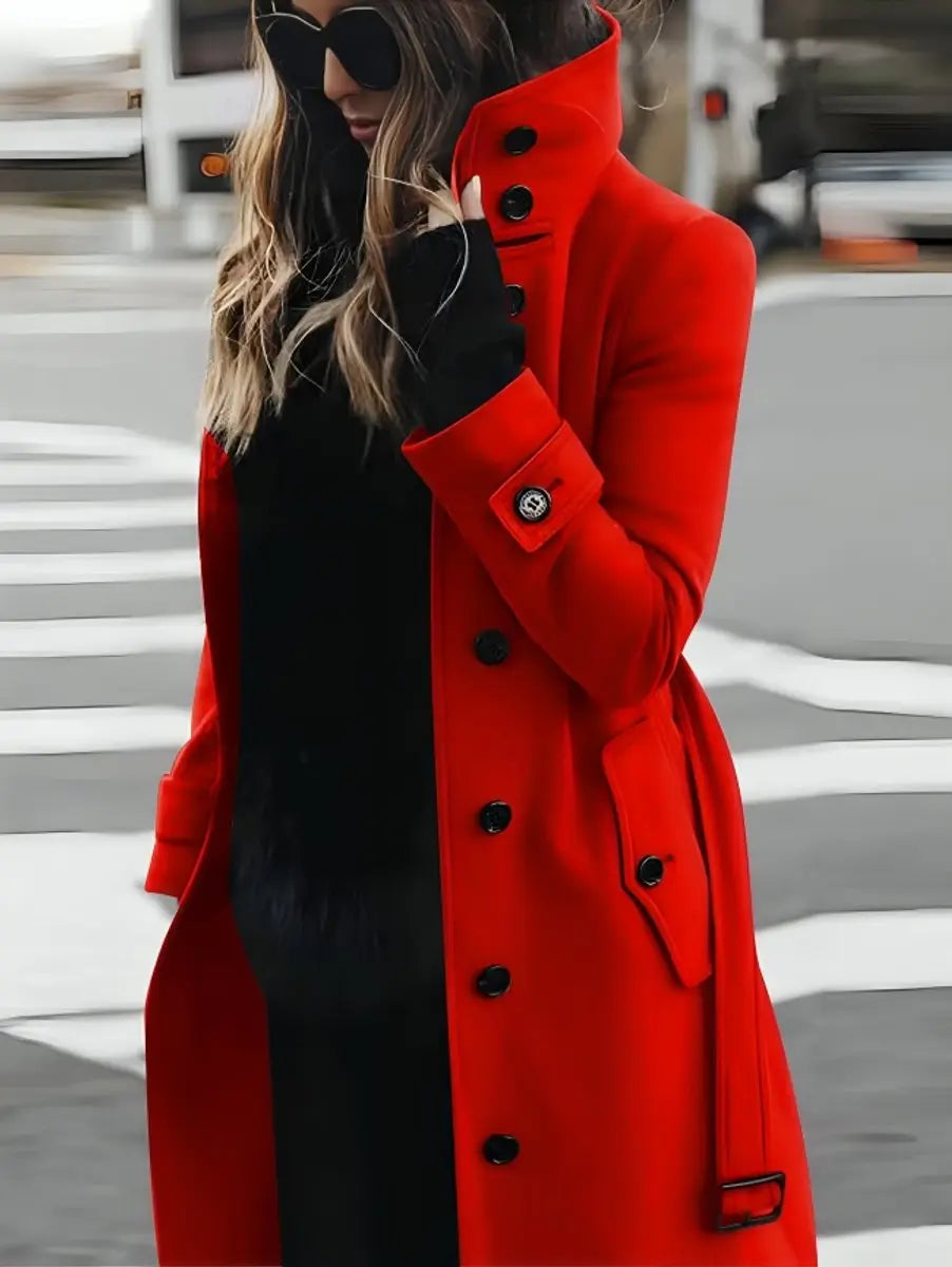 Gabardina larga de aspecto de lana para mujer, cruzada y con cinturón