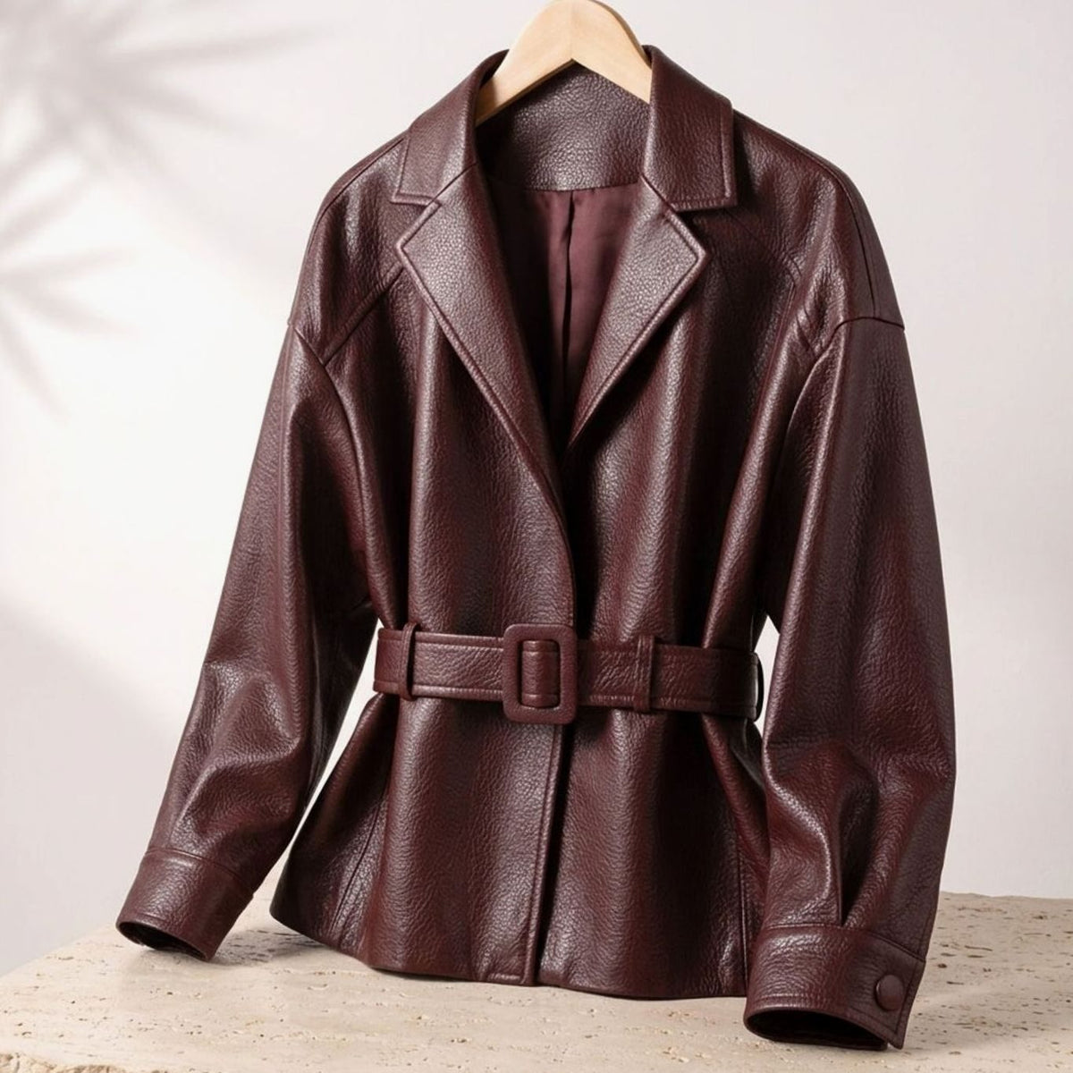 Chaqueta entallada de piel de borrego para mujer con cinturón