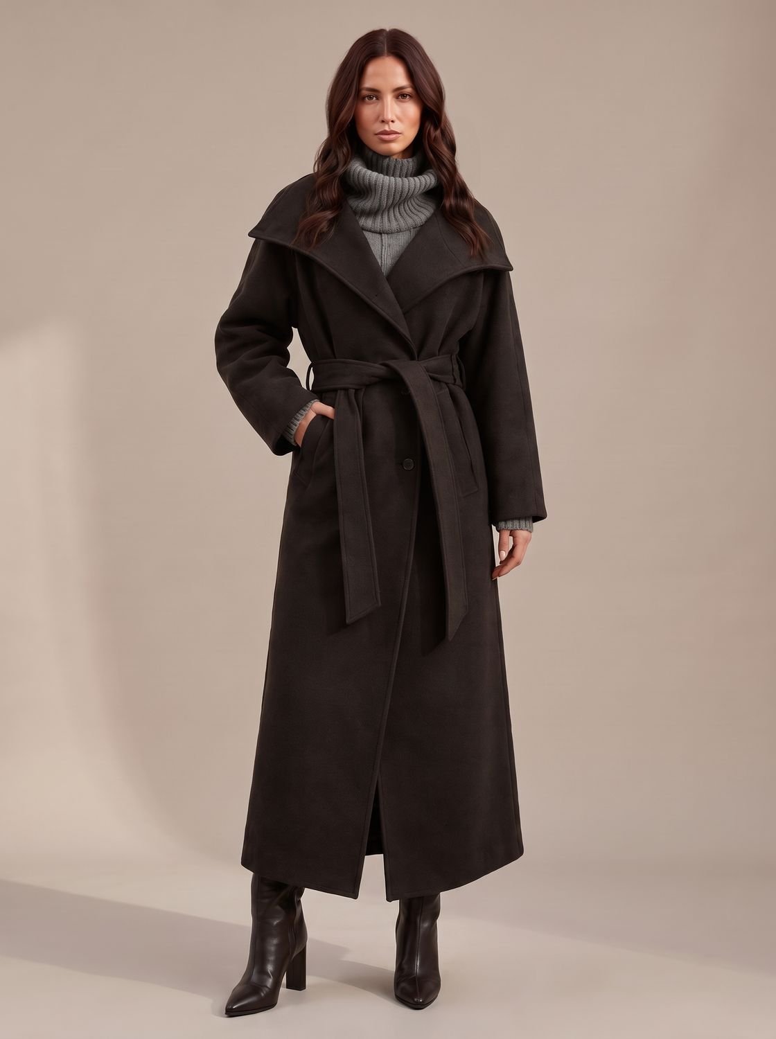 Lily | Abrigo largo de lana para mujer, con cinturón, para invierno y con cuello ancho estructurado