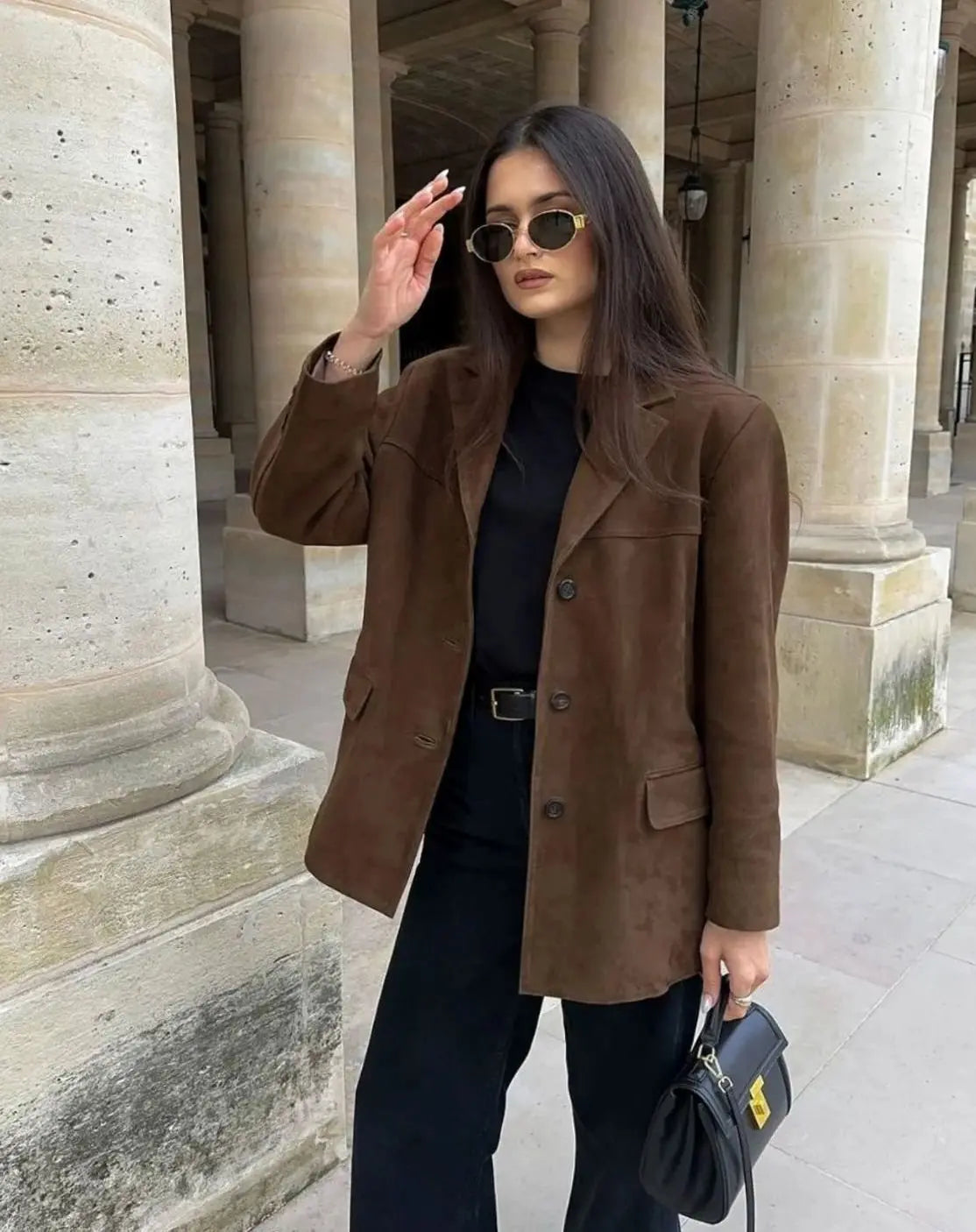 Abrigo tipo blazer de ante marrón para mujer con botones y bolsillos