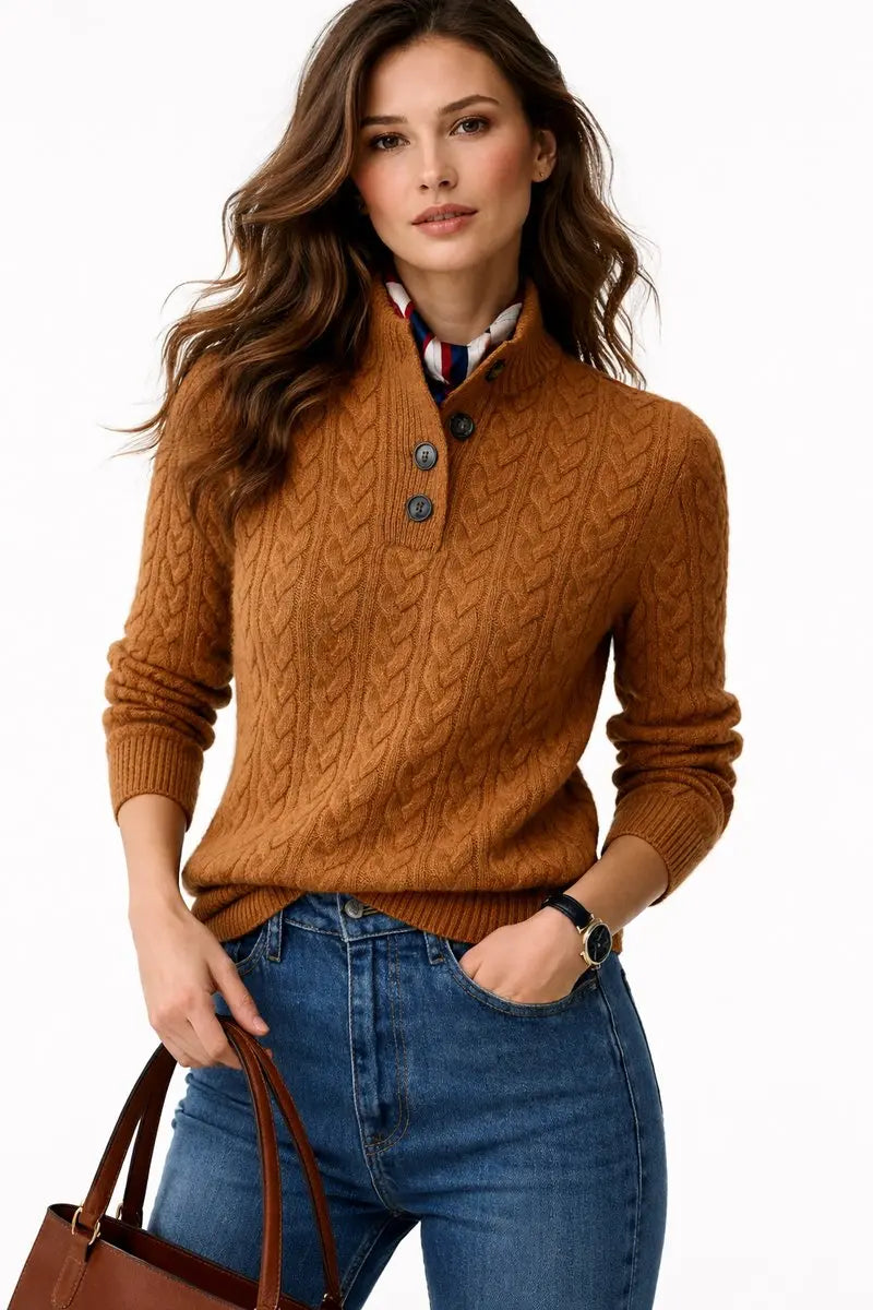 Suéter de punto trenzado para mujer con cuello de botones y mezcla de lana