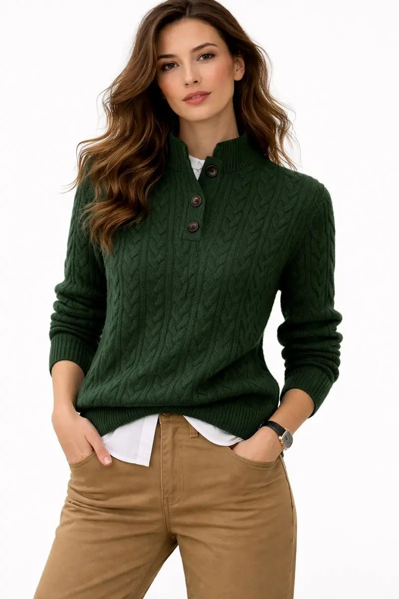 Suéter de punto trenzado para mujer con cuello de botones y mezcla de lana