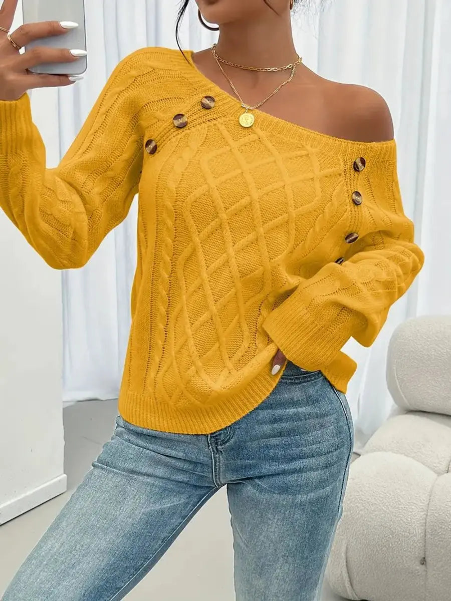 Jersey de punto trenzado para mujer con cuello redondo y detalle de botones