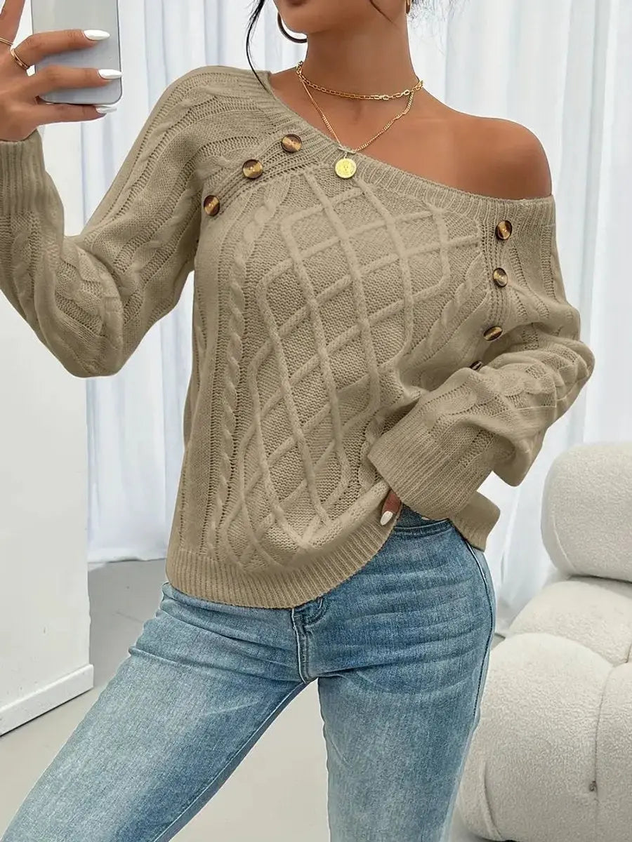 Jersey de punto trenzado para mujer con cuello redondo y detalle de botones