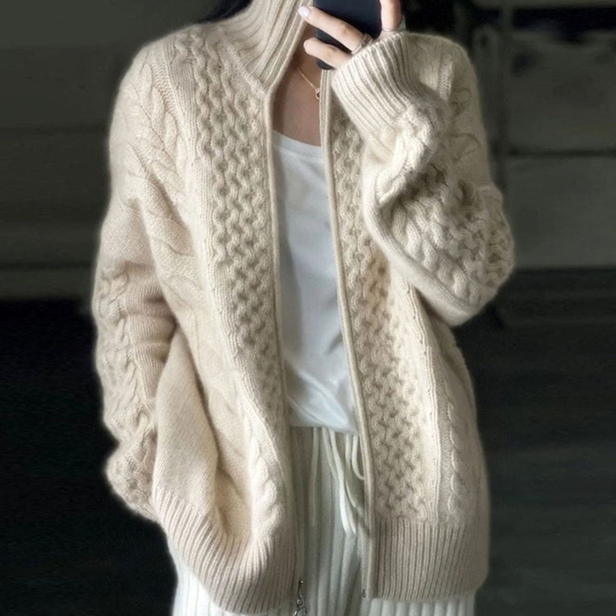 Cárdigan tipo jersey de punto trenzado para mujer con cremallera y cuello alto