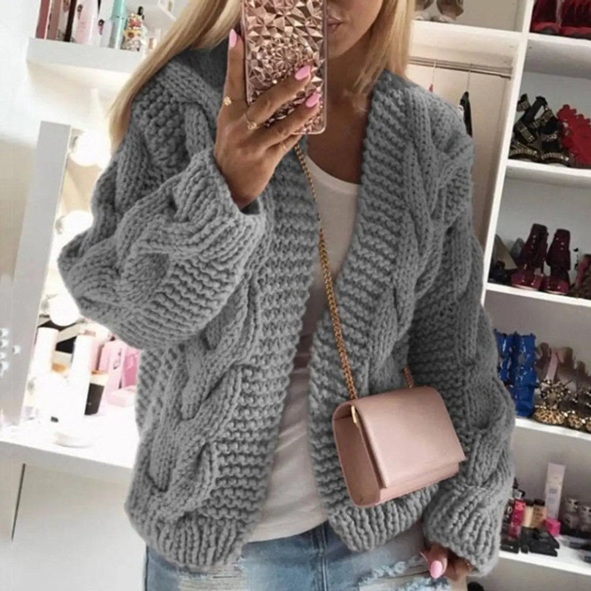 Cárdigan de punto grueso para mujer, extragrande, abierto por delante y con trenzado