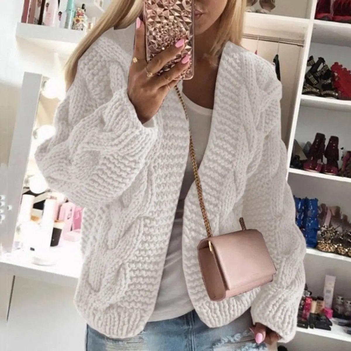 Cárdigan de punto grueso para mujer, extragrande, abierto por delante y con trenzado