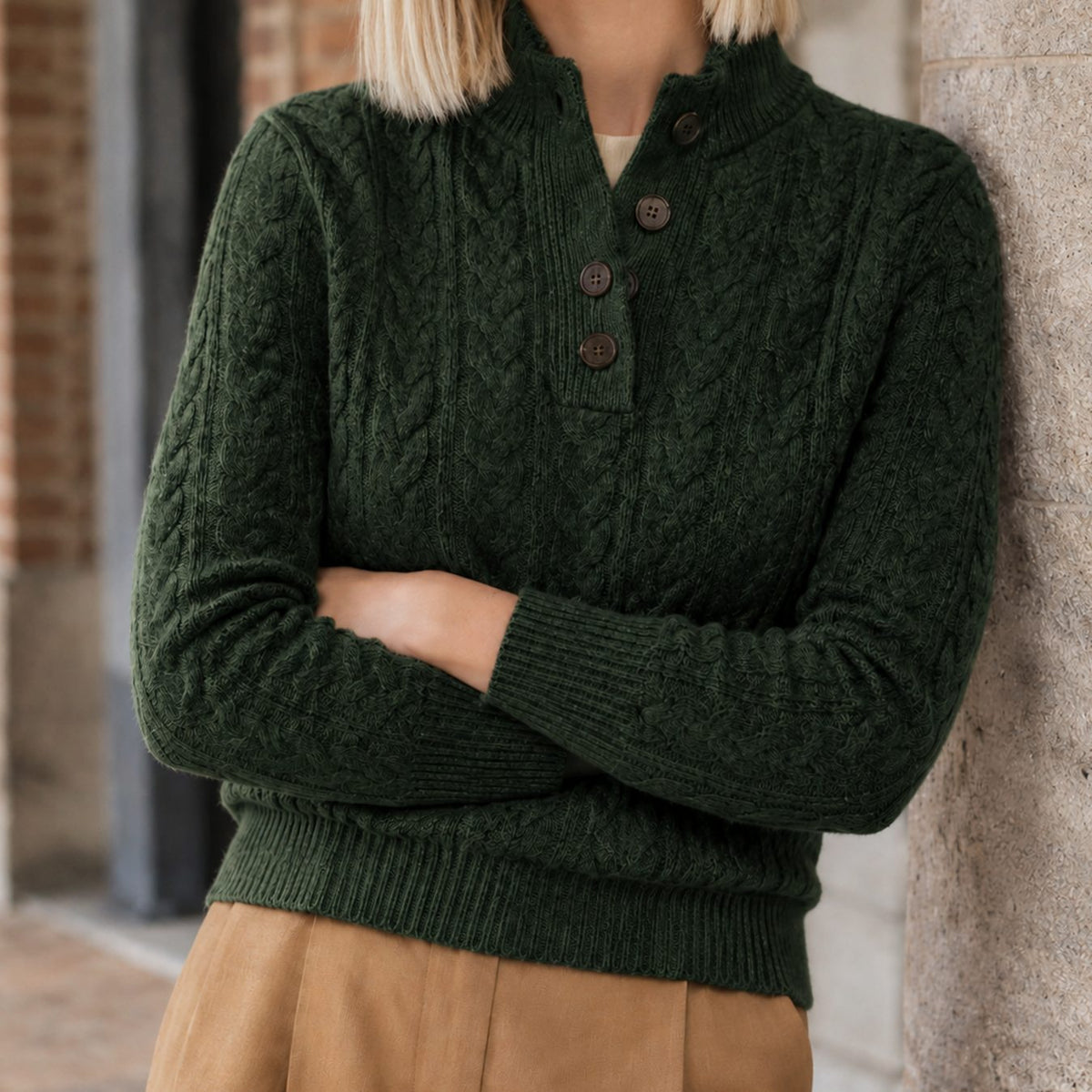 Jersey de punto para mujer de mezcla de cachemira, con trenzado y botones