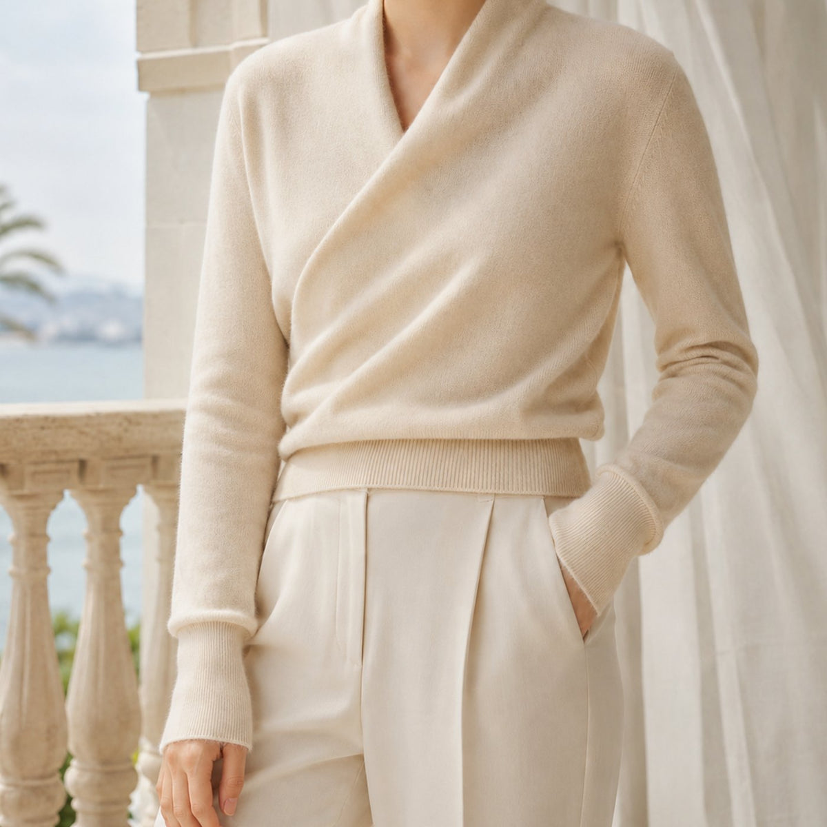 Jersey de punto para mujer de mezcla de cachemira, con cuello chal cruzado