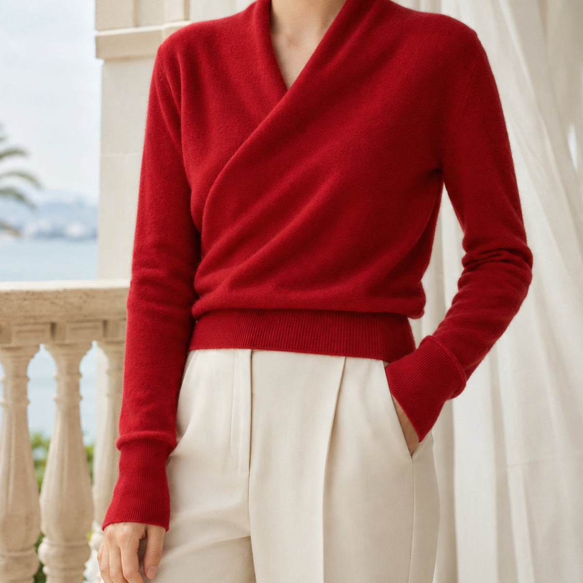 Jersey de punto para mujer de mezcla de cachemira, con cuello chal cruzado