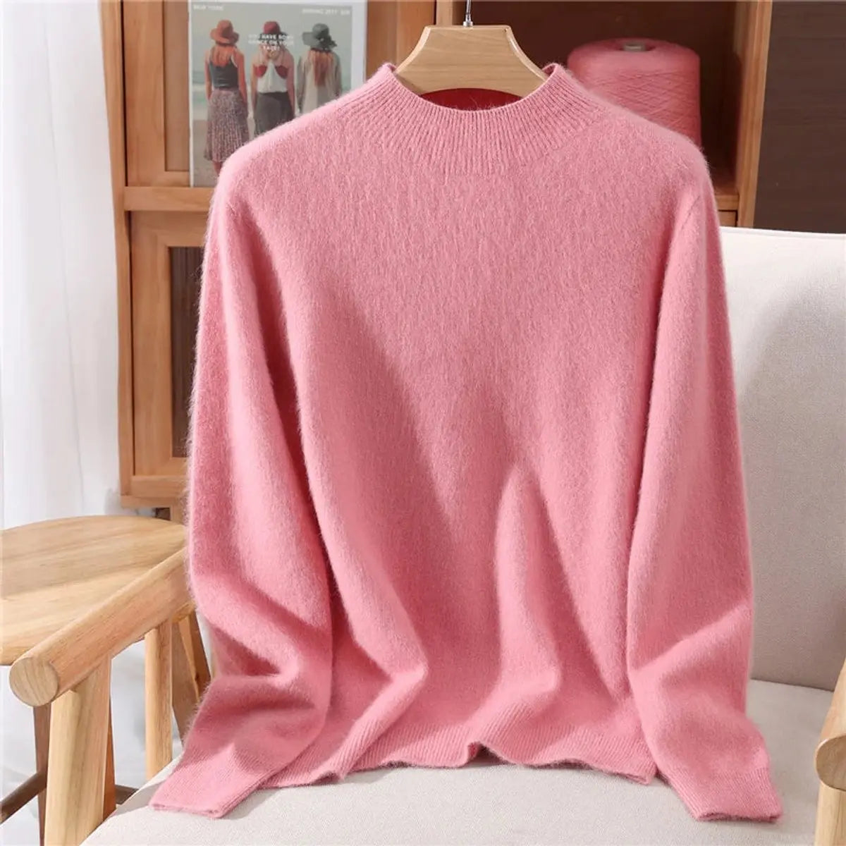 Jersey de punto suave de cachemira para mujer, de corte relajado y cuello chimenea