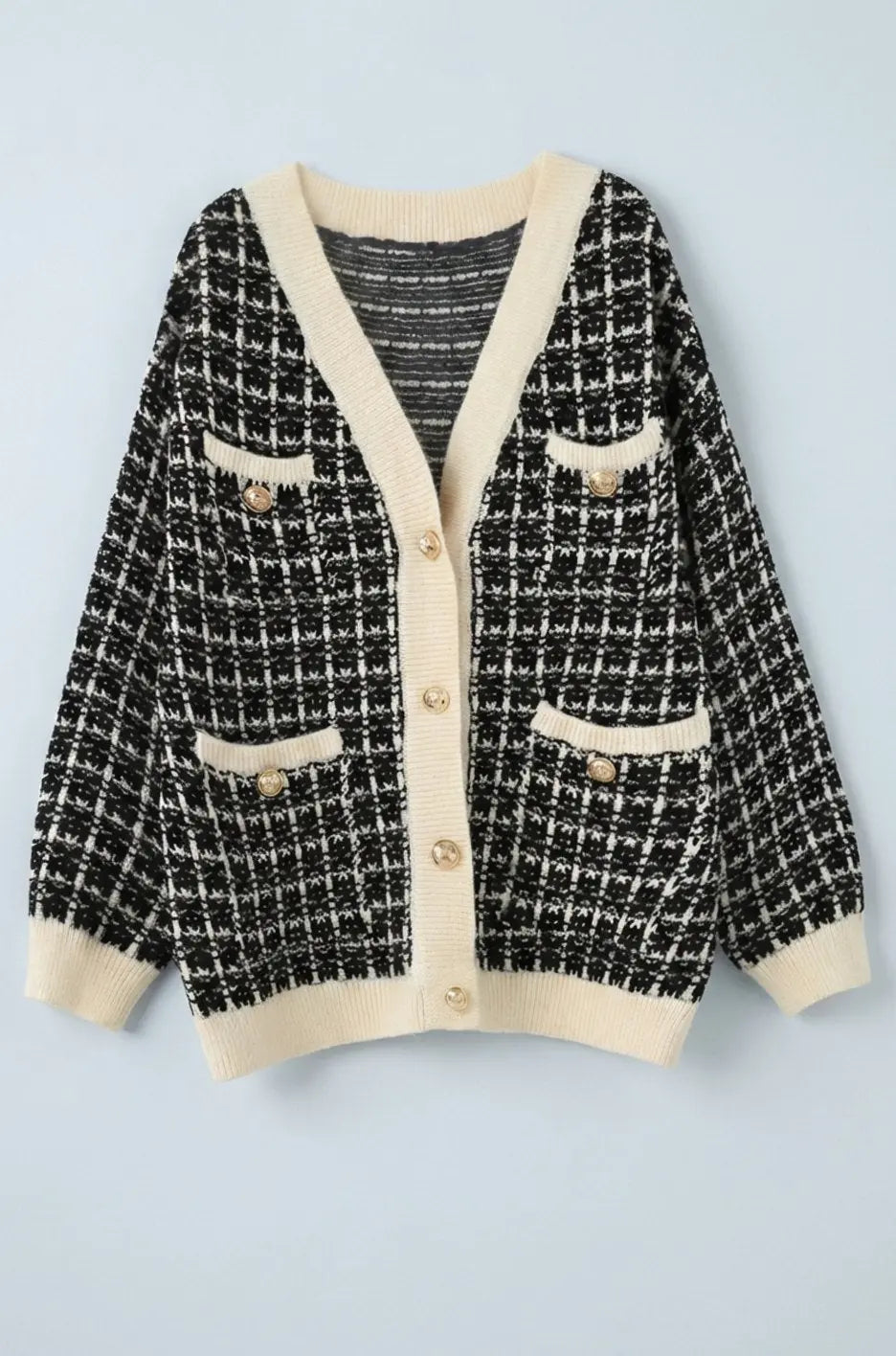 Cárdigan de punto estilo tweed de cuadros para mujer con escote en V