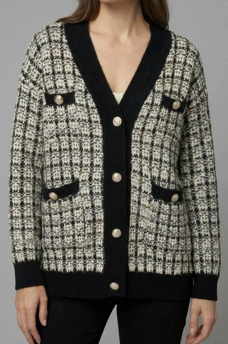 Cárdigan de punto estilo tweed de cuadros para mujer con escote en V