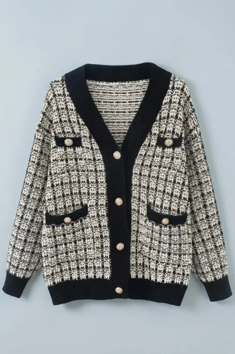 Cárdigan de punto estilo tweed de cuadros para mujer con escote en V