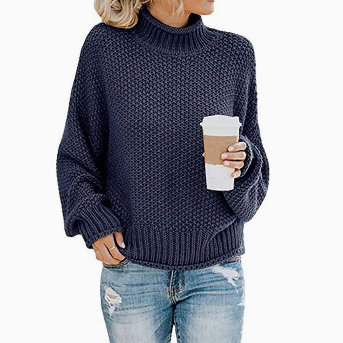Jersey oversize de punto grueso para mujer con cuello alto