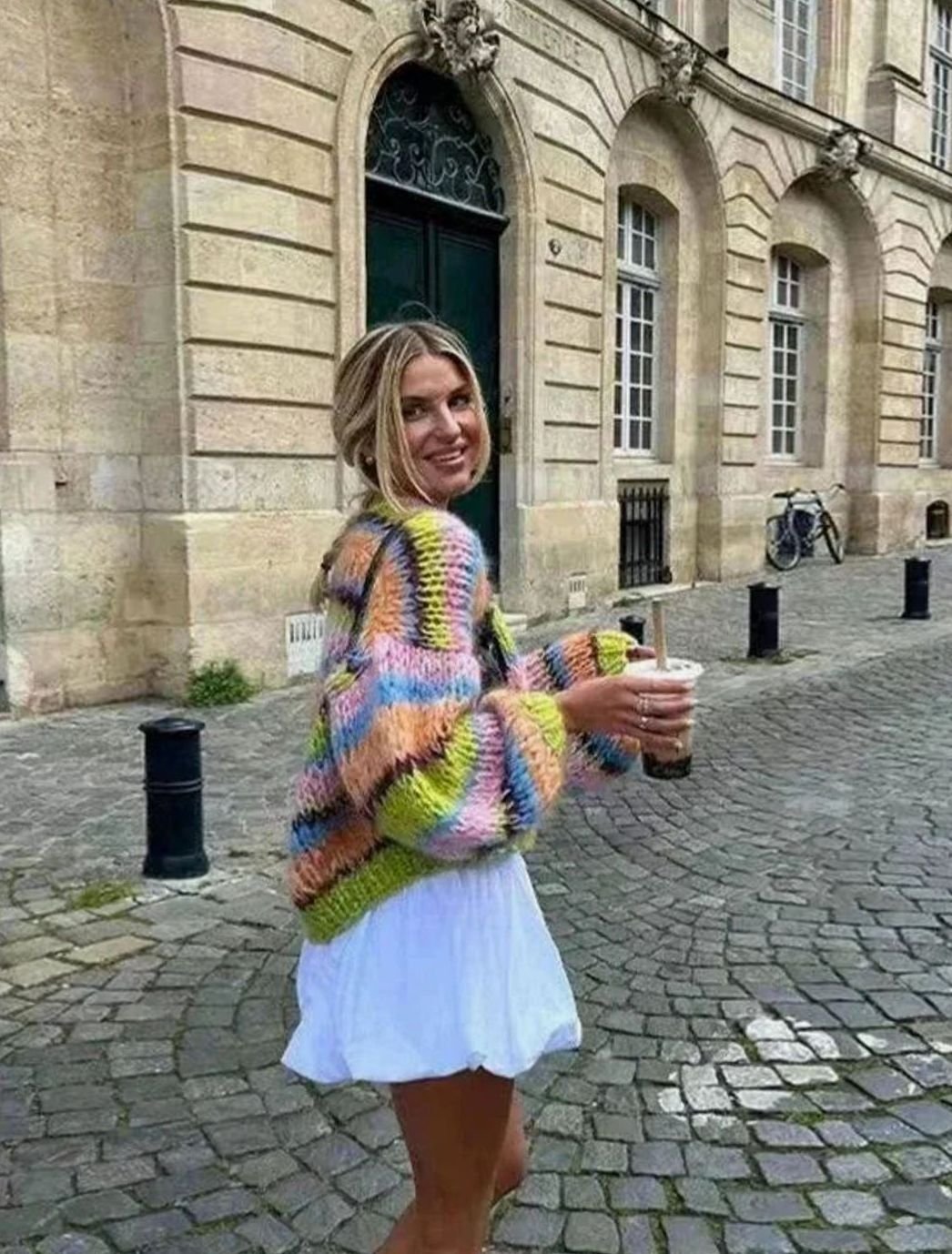 Cárdigan de punto grueso a rayas multicolor para mujer