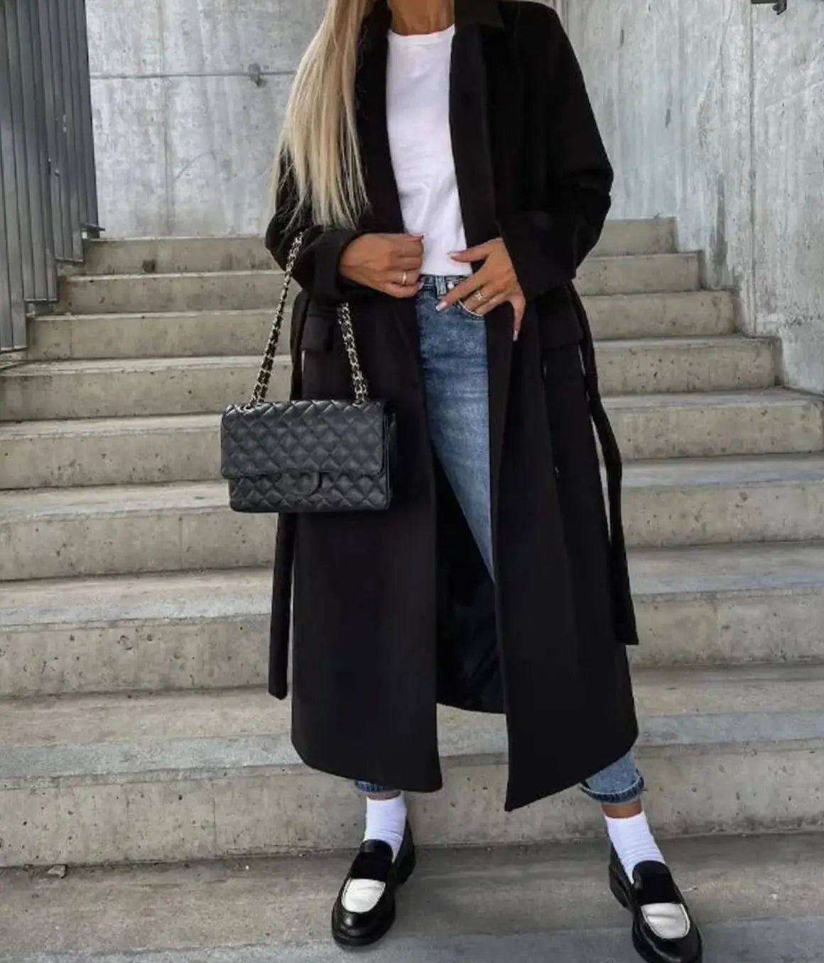 Gabardina larga clásica de doble botonadura para mujer