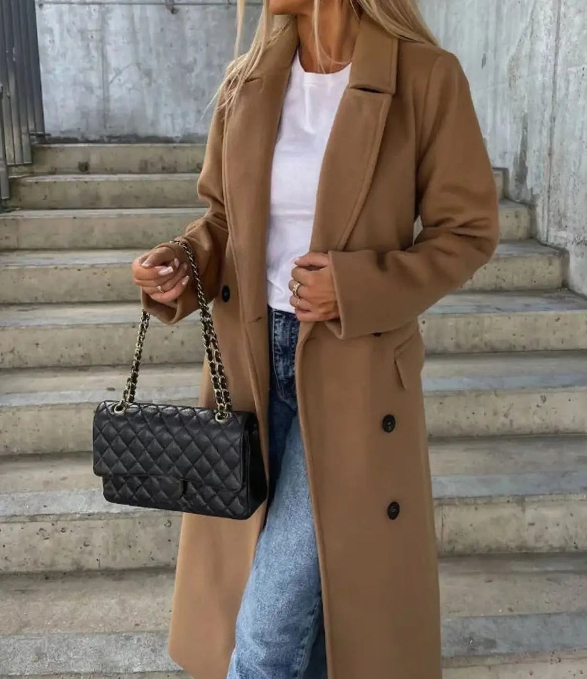 Gabardina larga clásica de doble botonadura para mujer