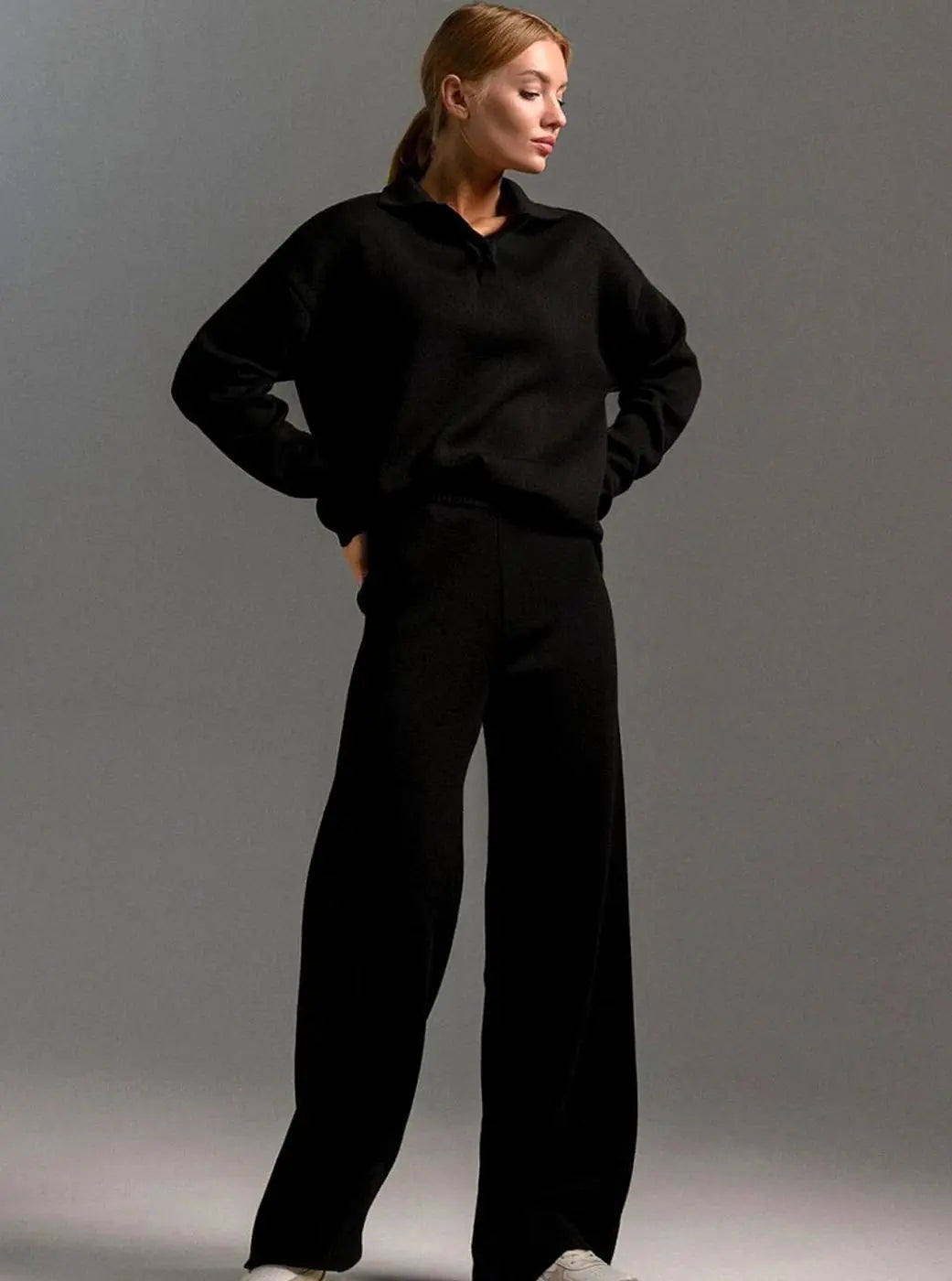 Conjunto de estar por casa de dos piezas para mujer, con cuello, corte relajado y pantalón de pierna ancha