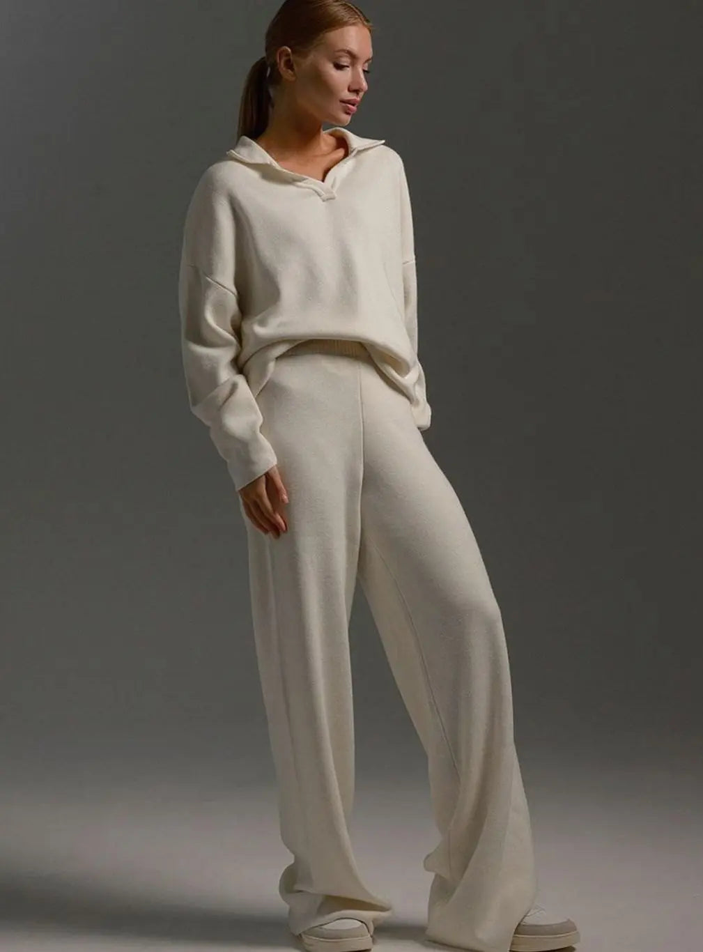 Conjunto de estar por casa de dos piezas para mujer, con cuello, corte relajado y pantalón de pierna ancha