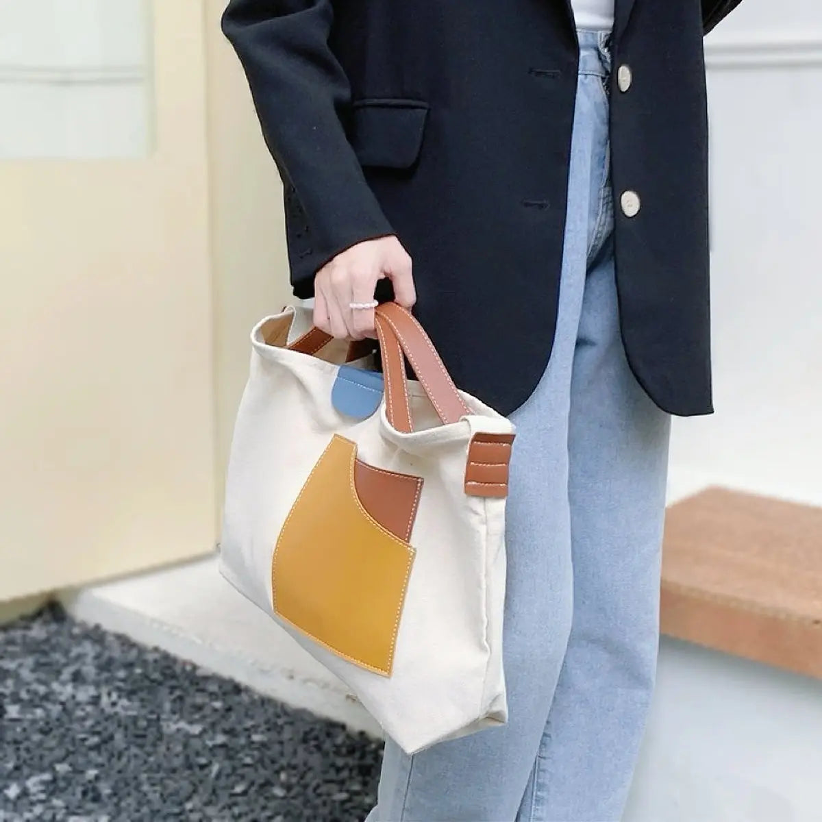 Bolso tote de lona para mujer con bloques de color, bolsillo de cuero PU y asa para el hombro