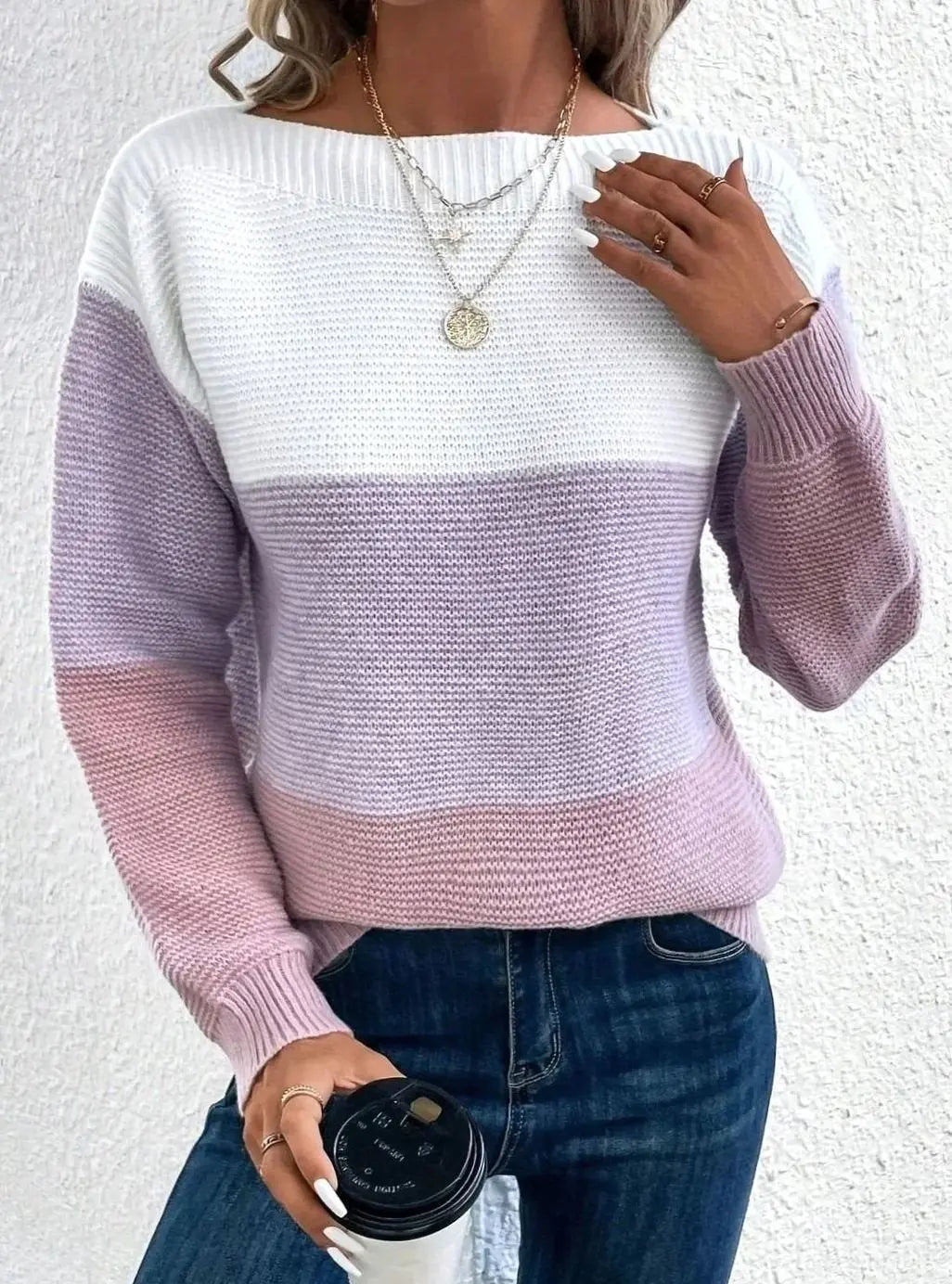 Jersey de cachemira para mujer con cuello alto, bloques de color y corte relajado