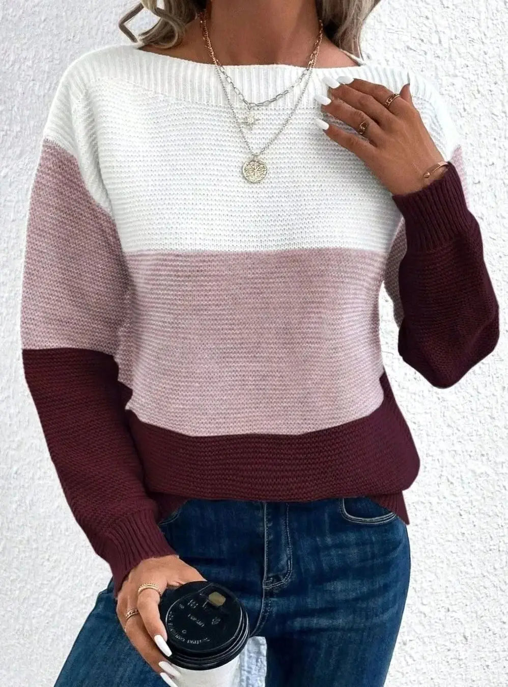 Jersey de cachemira para mujer con cuello alto, bloques de color y corte relajado