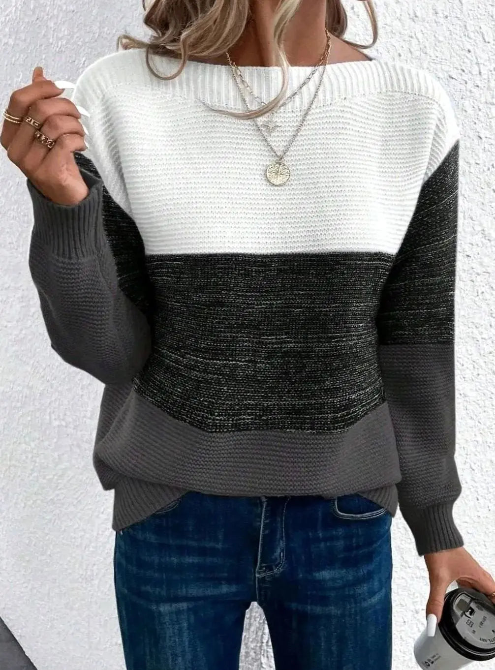 Jersey de cachemira para mujer con cuello alto, bloques de color y corte relajado