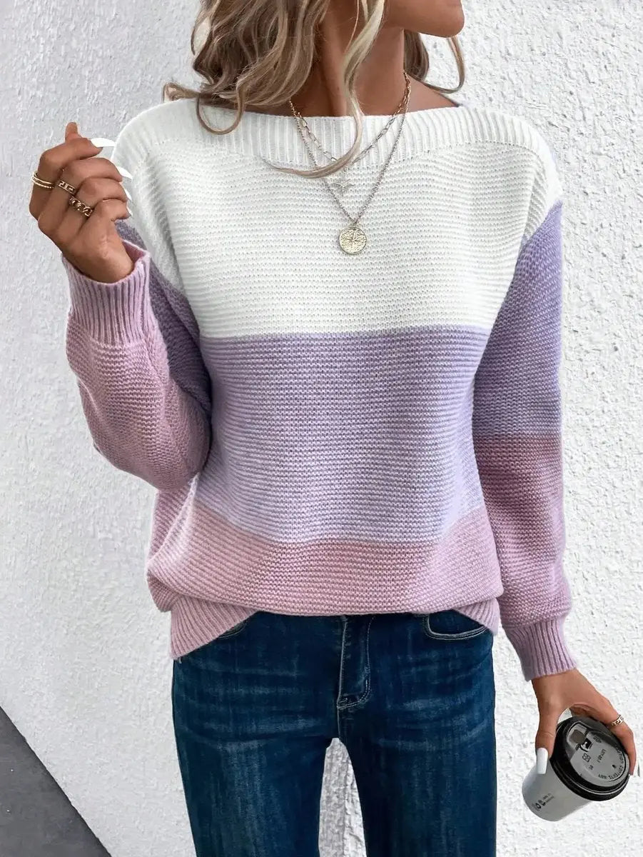Jersey de punto para mujer de manga larga, con bloques de color y corte relajado