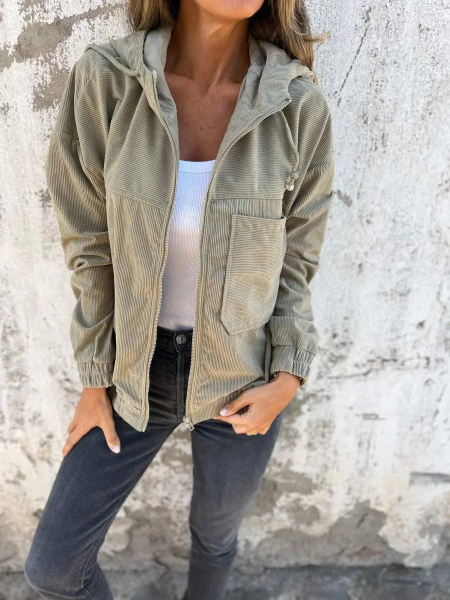 Chaqueta acolchada de pana con capucha y cremallera para mujer, corte oversize