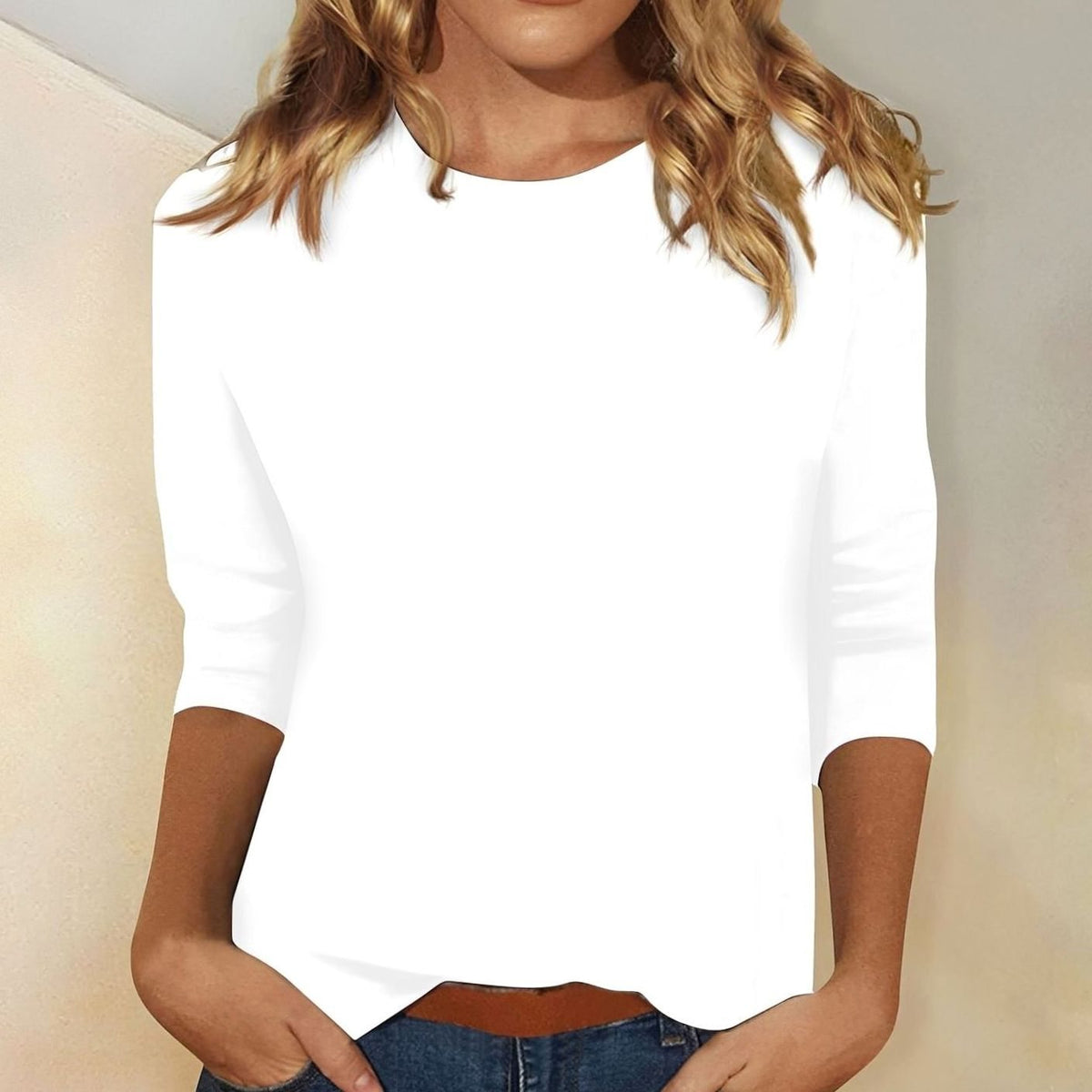 Top informal de uso diario para mujer con cuello redondo y mangas 3/4