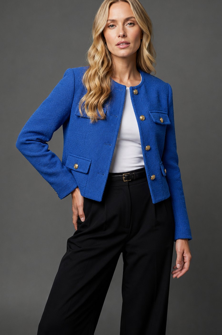 Blazer corto de tweed sin cuello para mujer con botones dorados y bolsillos con solapa