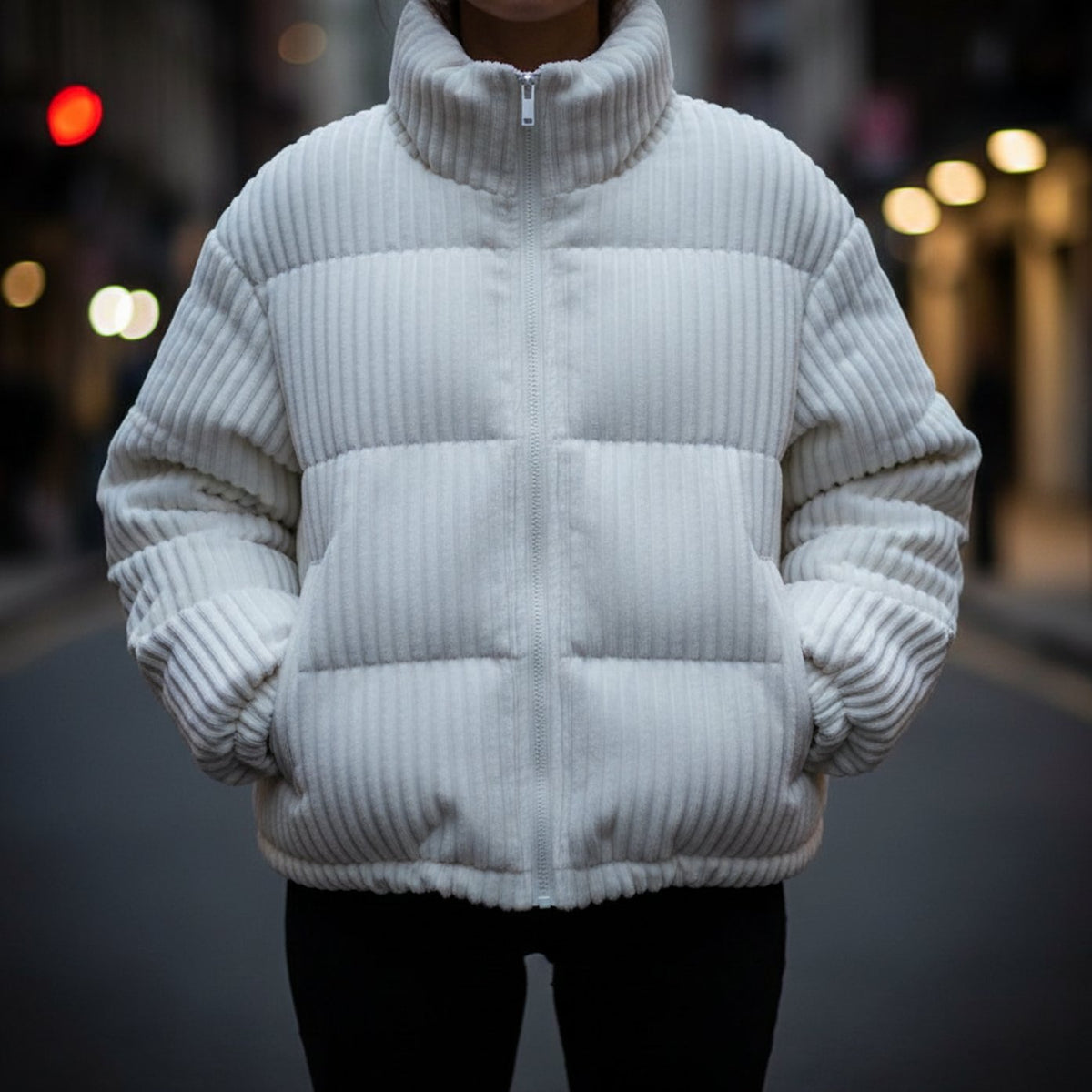 Chaqueta corta acolchada de pana para mujer