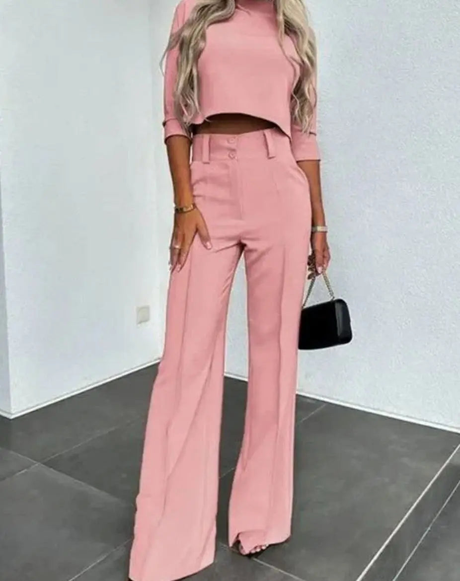 Conjunto de dos piezas para mujer con top corto a juego y pantalón de pierna ancha de talle alto