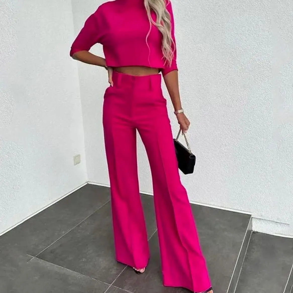 Conjunto de dos piezas para mujer con top corto a juego y pantalón de pierna ancha de talle alto